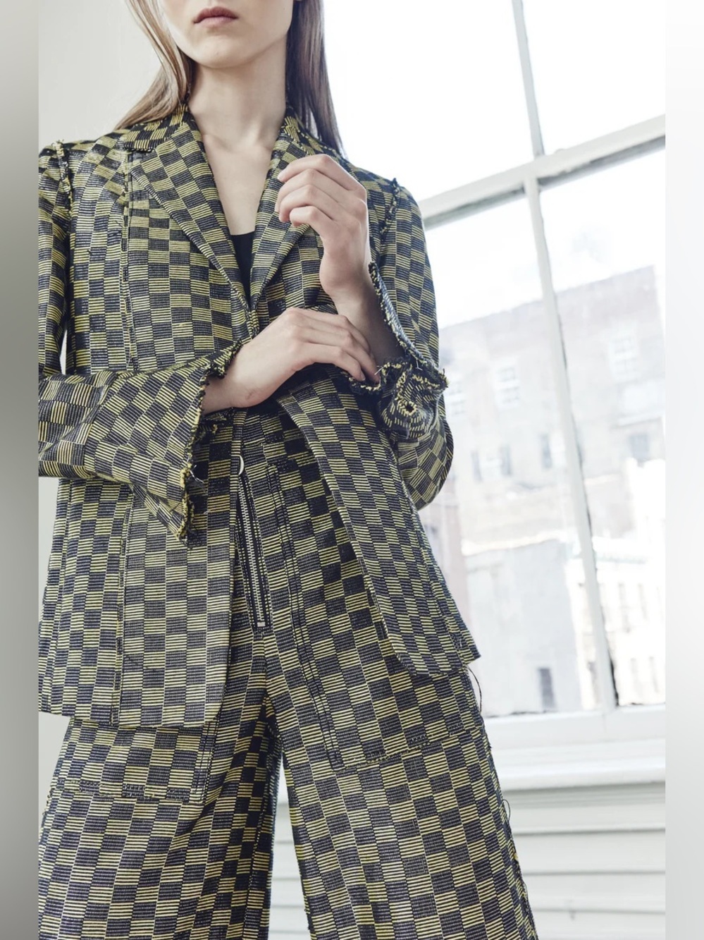 EDUN Lurex Check Plaid Blazer Size 6 Gold Black Flutter Sleeve Jacket